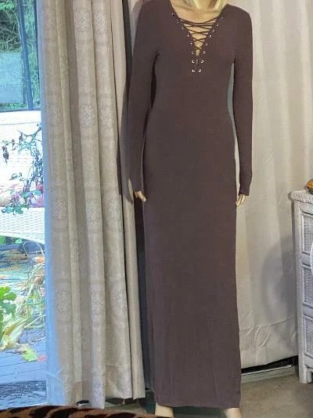 * FOREVER 21 Taupe LACE UP MAXI DRESS Long Sleeve Stretchy Ribbed SIZE SMALL